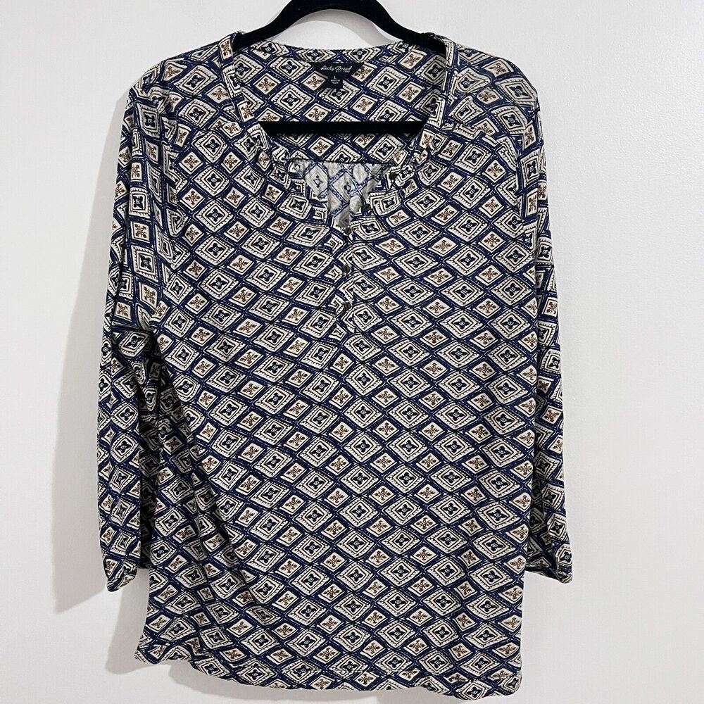 Lucky Brand Blue Printed Bohemian Top Size L Diamond Prairie 3/4 Sleeve Casual